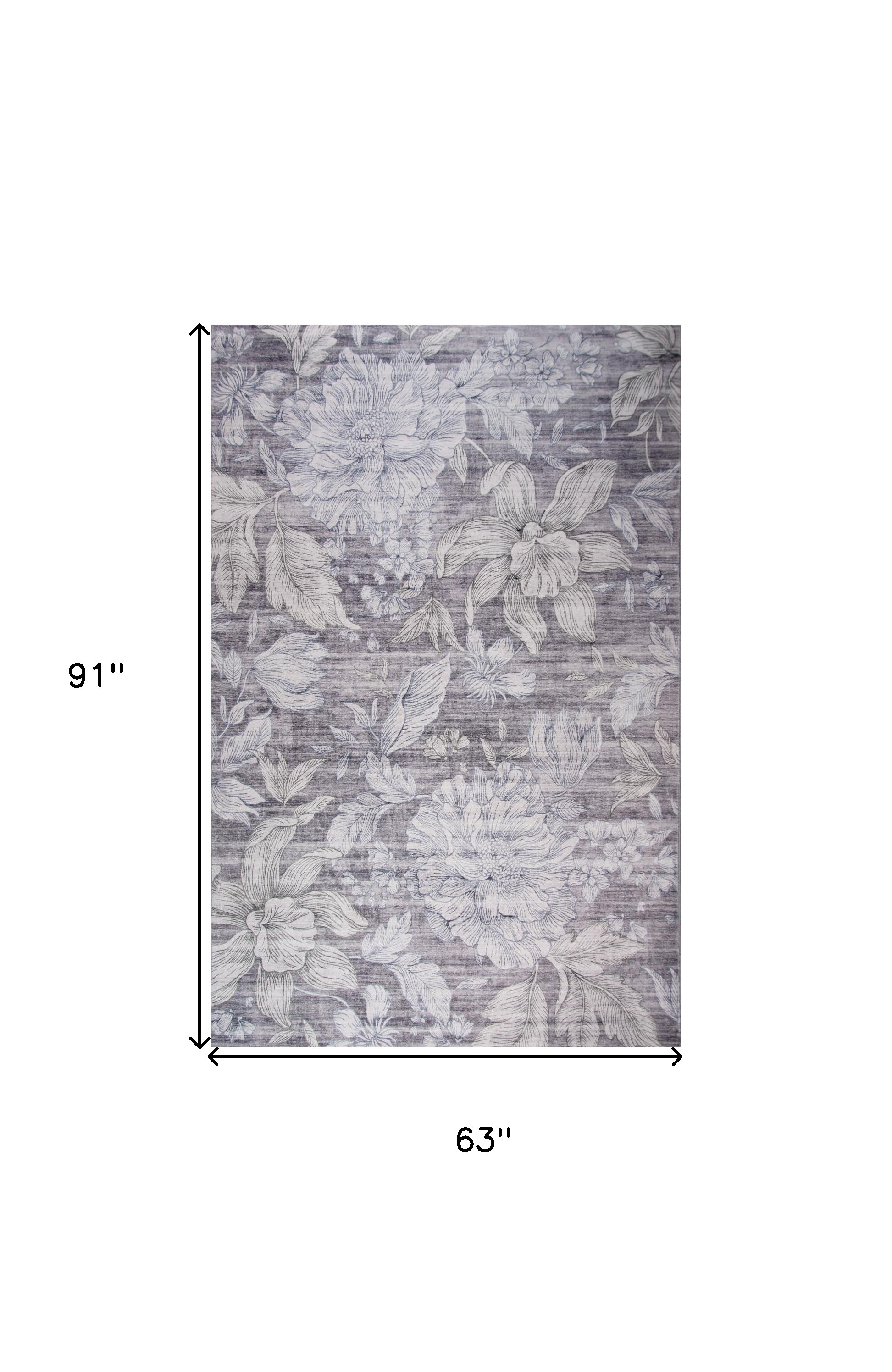 5" X 8" Gray and Beige Floral Area Rug