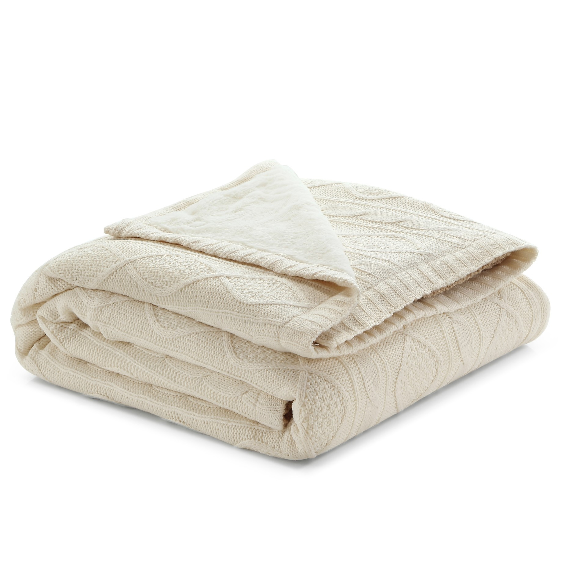 Cream Knitted Acrylic Solid Color Throw Blanket-531258-1