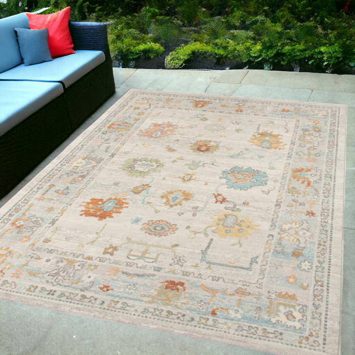 5' x 7' Blue and Orange Floral Stain Resistant Indoor Outdoor Area Rug-531489-1