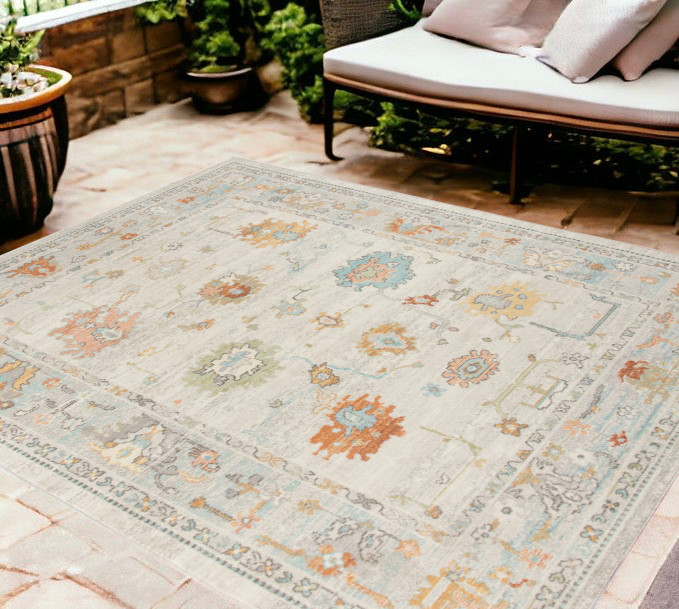 8' x 10' Blue and Orange Floral Stain Resistant Indoor Outdoor Area Rug-531490-1