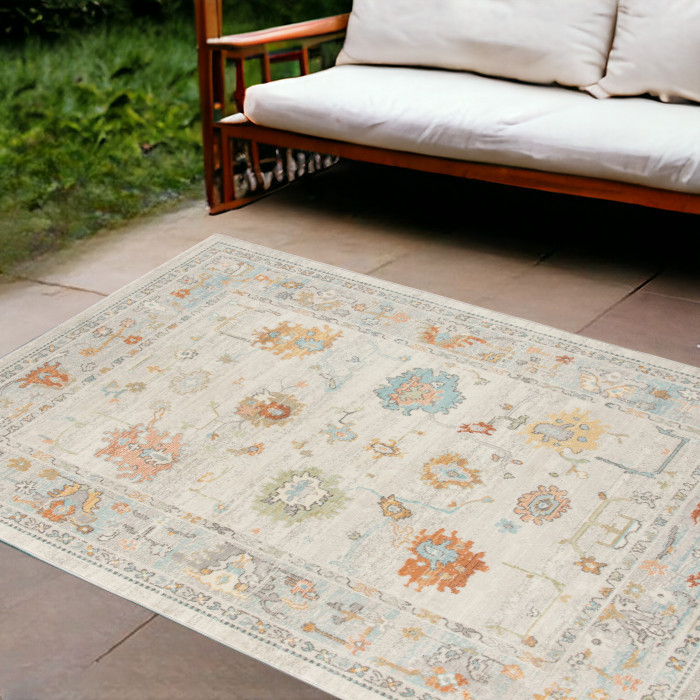 9' x 12' Blue and Orange Floral Stain Resistant Indoor Outdoor Area Rug-531491-1