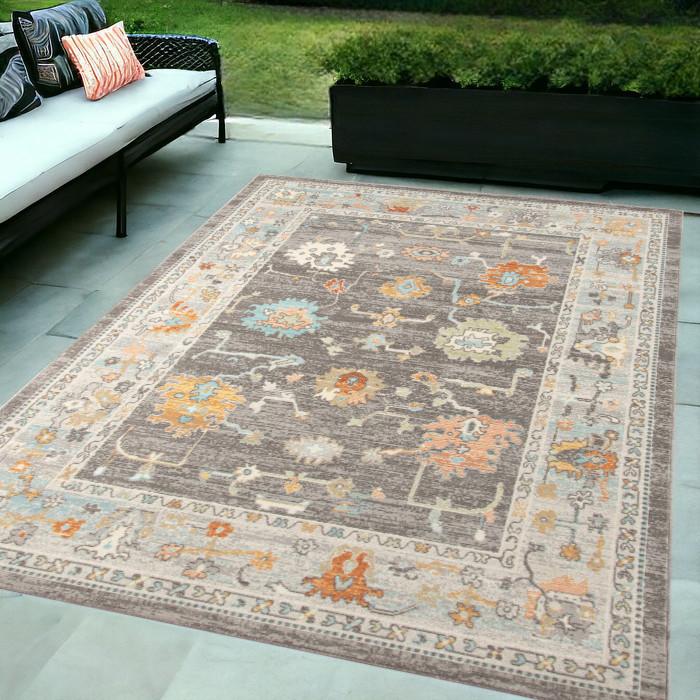 5' x 7' Gray and Orange Floral Stain Resistant Indoor Outdoor Area Rug-531493-1
