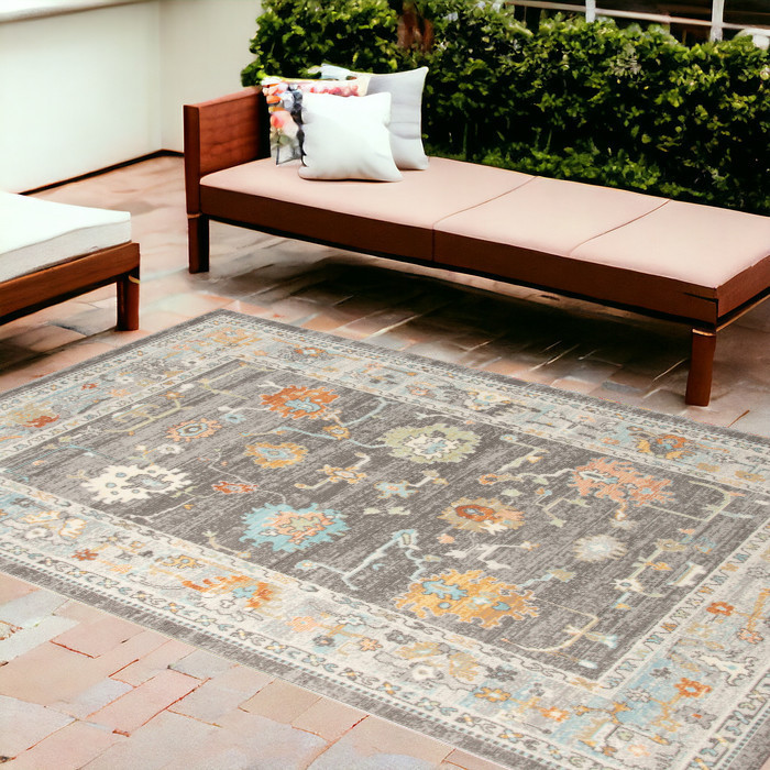 8' x 10' Gray and Orange Floral Stain Resistant Indoor Outdoor Area Rug-531494-1