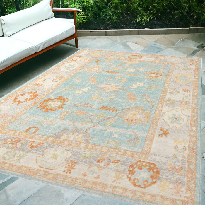 5' x 7' Blue and Orange Floral Stain Resistant Indoor Outdoor Area Rug-531497-1
