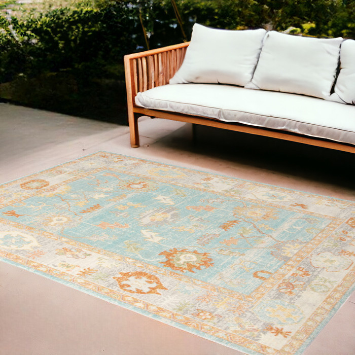 8' x 10' Blue and Orange Floral Stain Resistant Indoor Outdoor Area Rug-531498-1