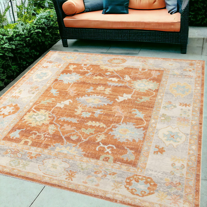 5' x 7' Blue and Orange Floral Stain Resistant Indoor Outdoor Area Rug-531501-1