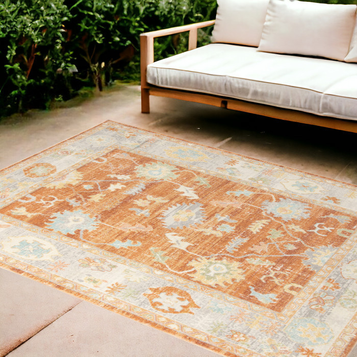 8' x 10' Blue and Orange Floral Stain Resistant Indoor Outdoor Area Rug-531502-1