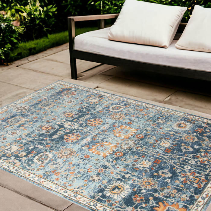 8' x 10' Blue and Orange Floral Stain Resistant Indoor Outdoor Area Rug-531506-1