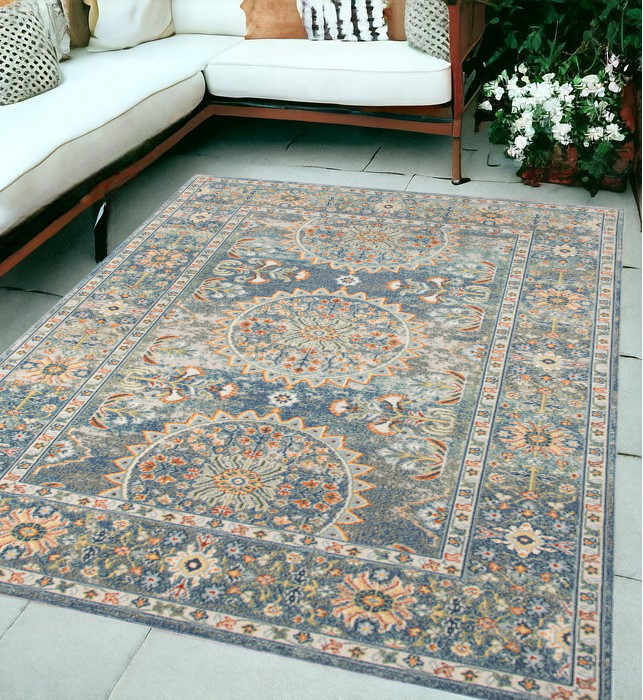 5' x 7' Blue and Orange Floral Medallion Stain Resistant Indoor Outdoor Area Rug-531513-1