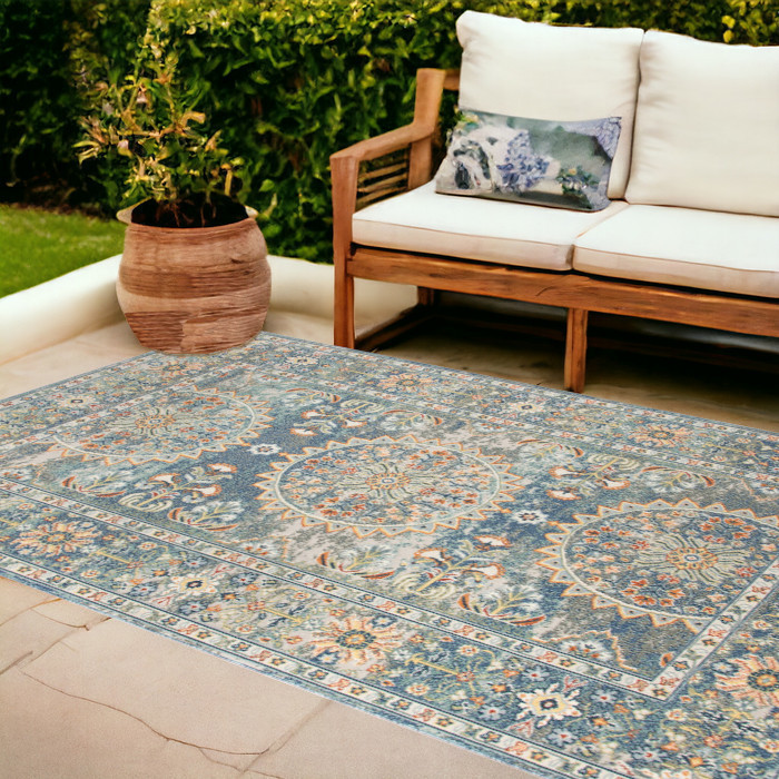 8' x 10' Blue and Orange Floral Medallion Stain Resistant Indoor Outdoor Area Rug-531514-1
