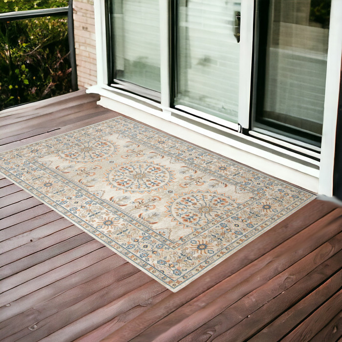 2' x 3' Blue and Orange Medallion Stain Resistant Indoor Outdoor Area Rug-531516-1