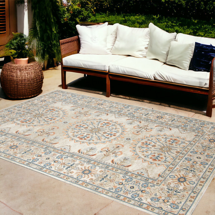 9' x 12' Blue and Orange Medallion Stain Resistant Indoor Outdoor Area Rug-531519-1