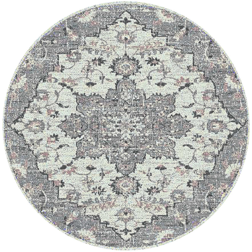 7' Gray Round Medallion Power Loom Area Rug-531560-1