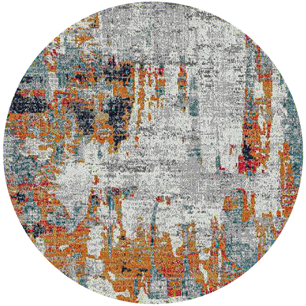 7 Blue and Orange Round Abstract Power Loom Area Rug
