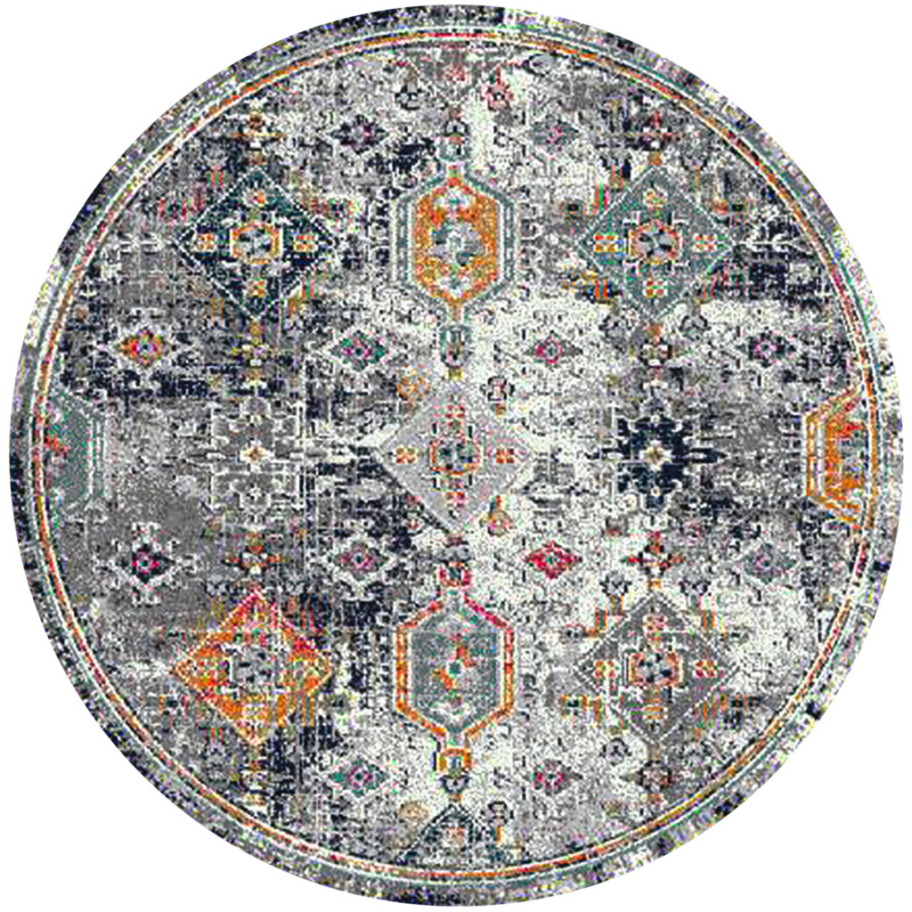 7' Blue and Orange Round Geometric Power Loom Area Rug-531595-1