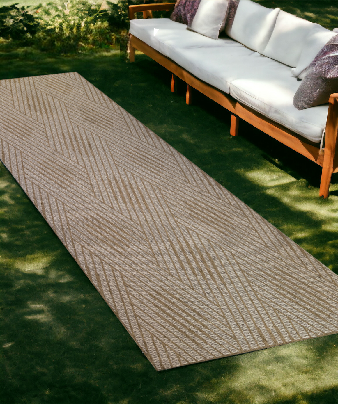 8' Runner Beige Geometric Stain Resistant Indoor Outdoor Runner Rug-531629-1