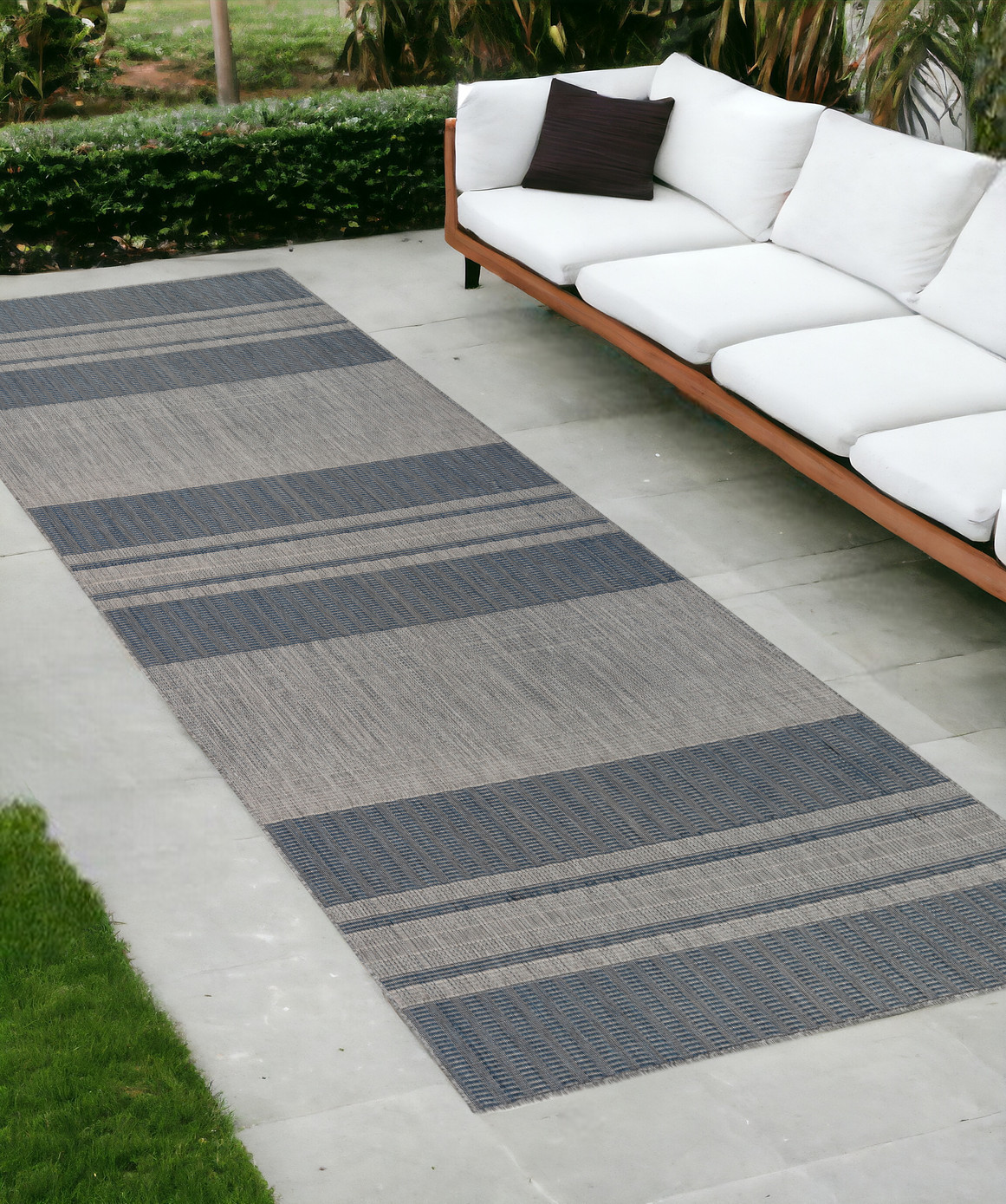 8' Runner Blue and Gray Striped Stain Resistant Indoor Outdoor Runner Rug-531643-1