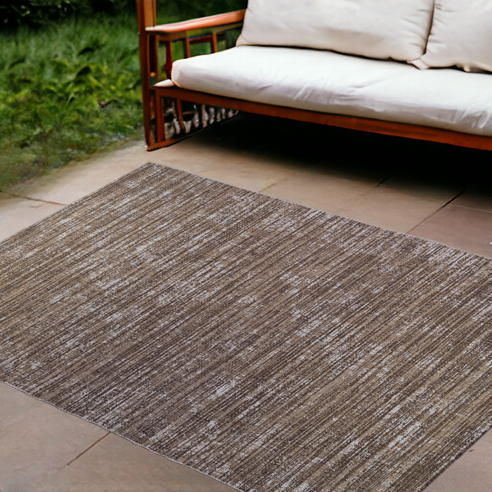 9' x 12' Brown and Ivory Striped Stain Resistant Indoor Outdoor Area Rug-531656-1