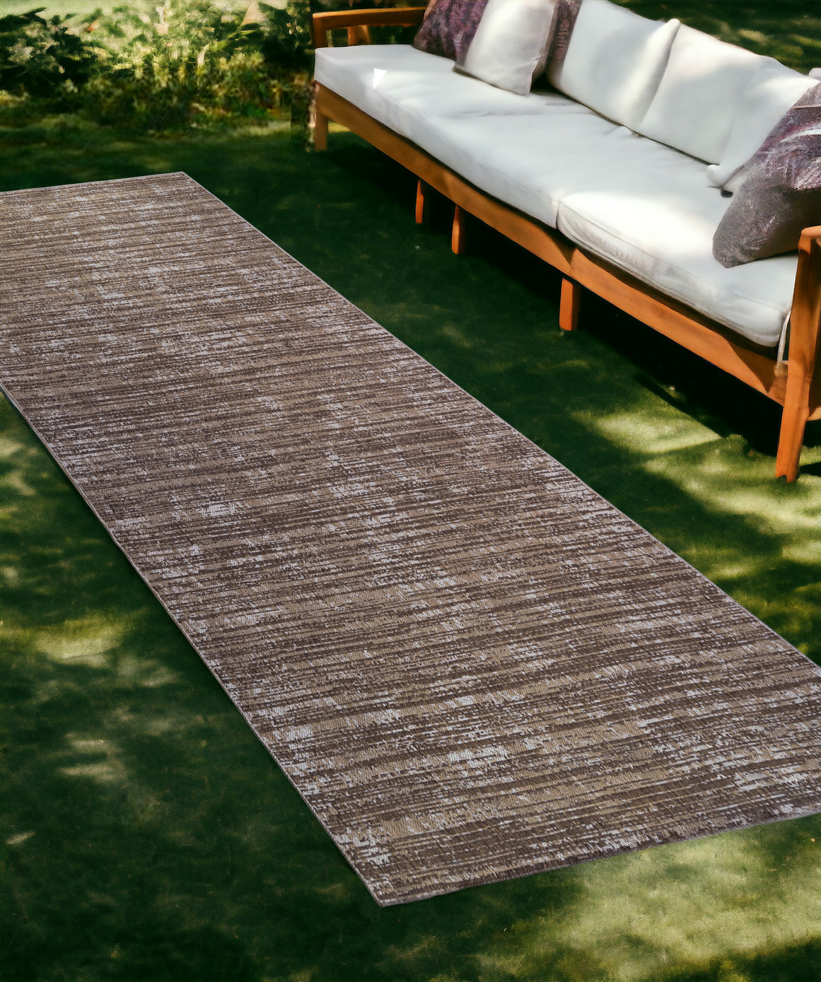8' Runner Brown and Ivory Striped Stain Resistant Indoor Outdoor Runner Rug-531657-1