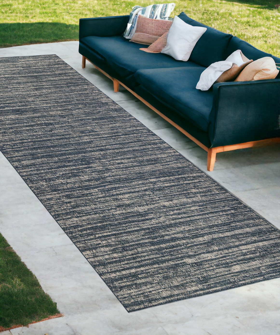 8' Runner Gray and Blue Striped Stain Resistant Indoor Outdoor Runner Rug-531664-1