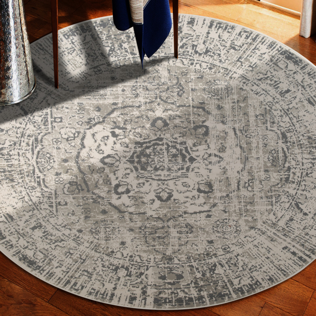 8 gray Round Medallion Power Loom Area Rug