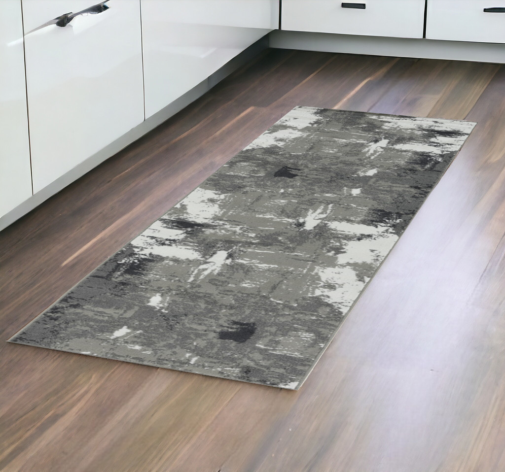 10' Gray and Ivory Abstract Power Loom Runner Rug-531740-1
