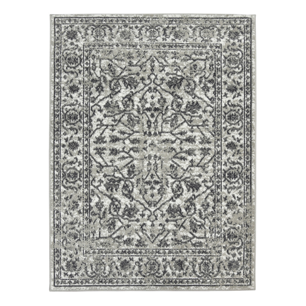 8' Gray Round Floral Power Loom Area Rug With Fringe-531752-1