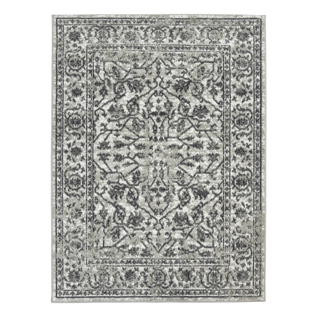 8 gray Round Floral Power Loom Area Rug With Fringe