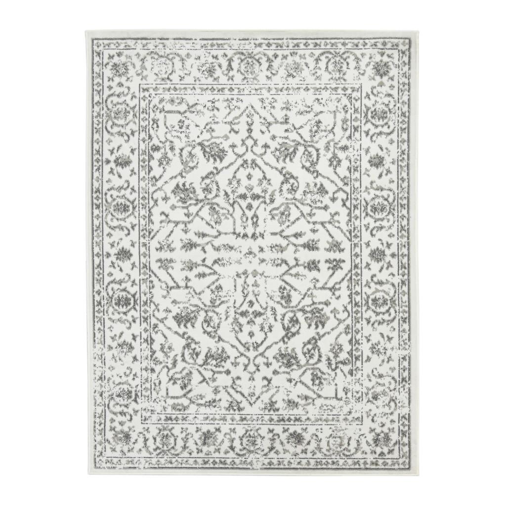 8' Light Gray Round Floral Power Loom Area Rug With Fringe-531760-1