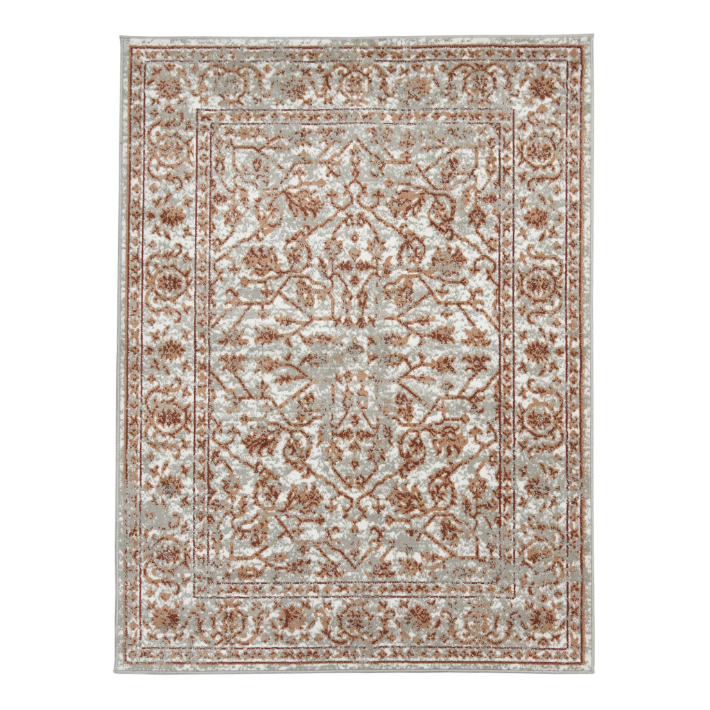 5 x 7 Orange Floral Power Loom Area Rug With Fringe