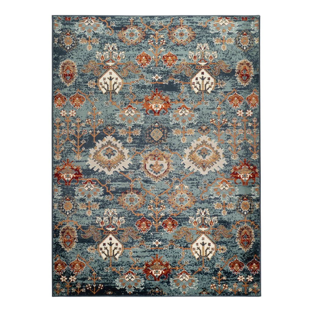 2" X 3" Teal Rust and Orange Oriental Power Loom Area Rug