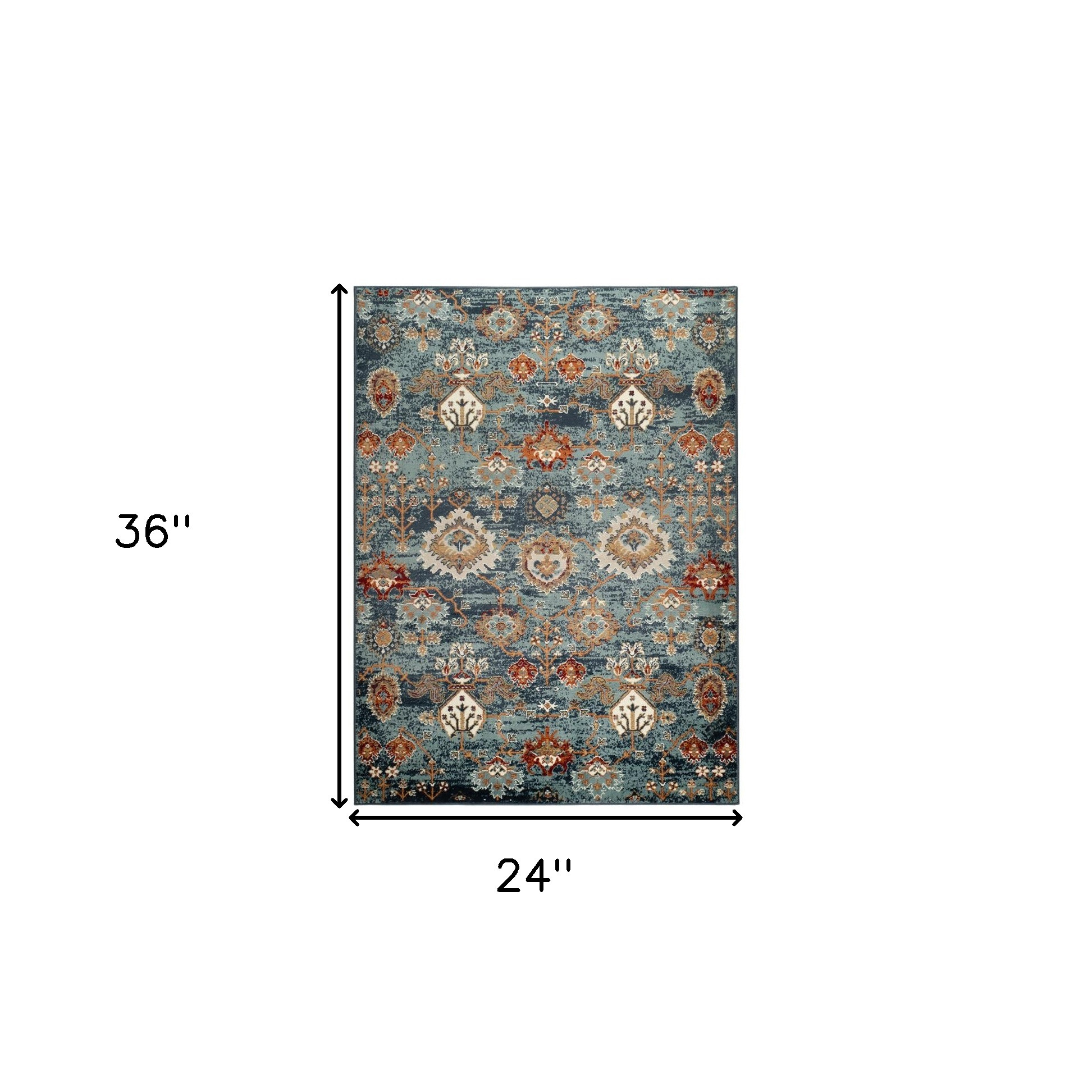 2" X 3" Teal Rust and Orange Oriental Power Loom Area Rug