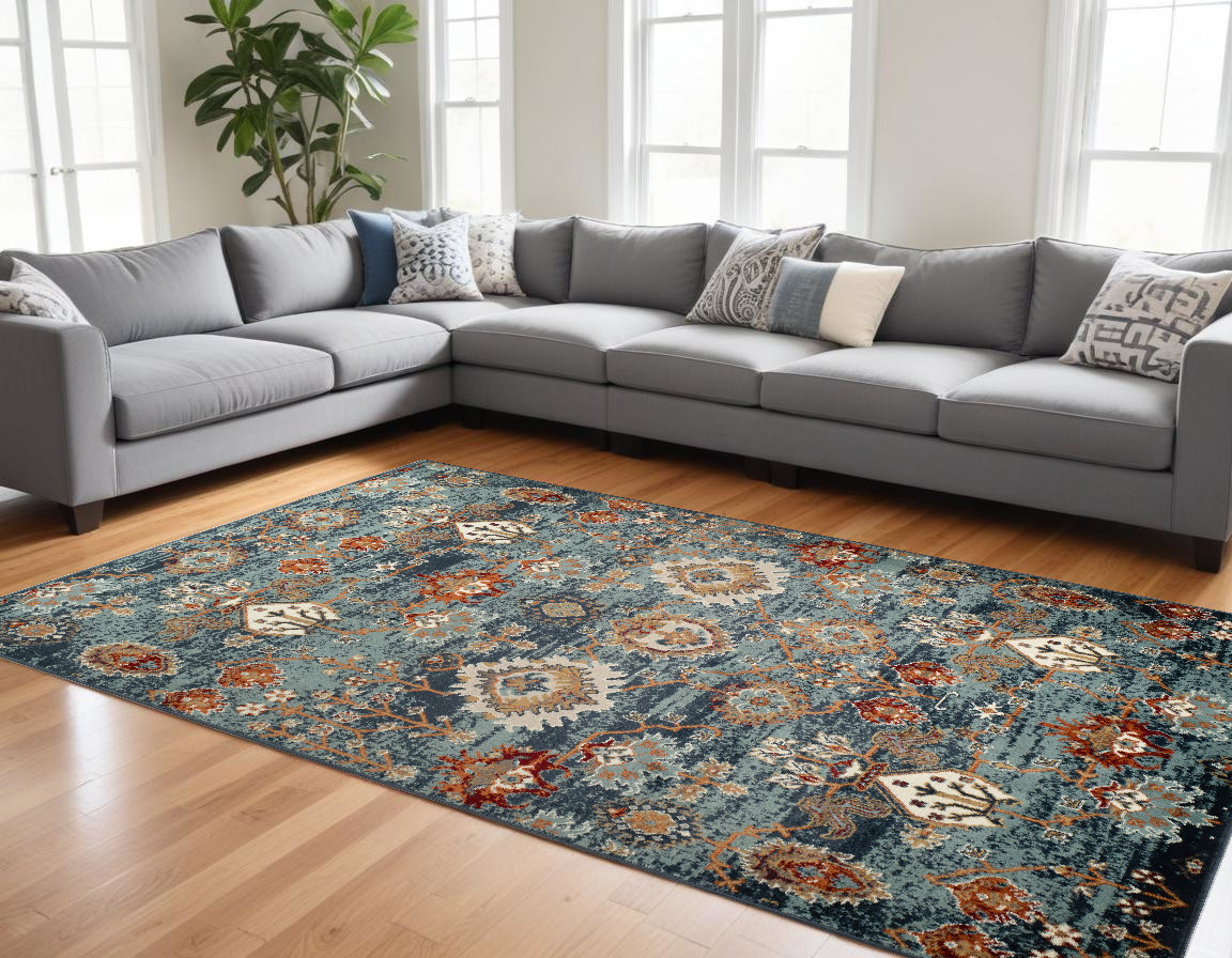 8' X 10' Teal Rust and Orange Oriental Power Loom Area Rug-531772-1