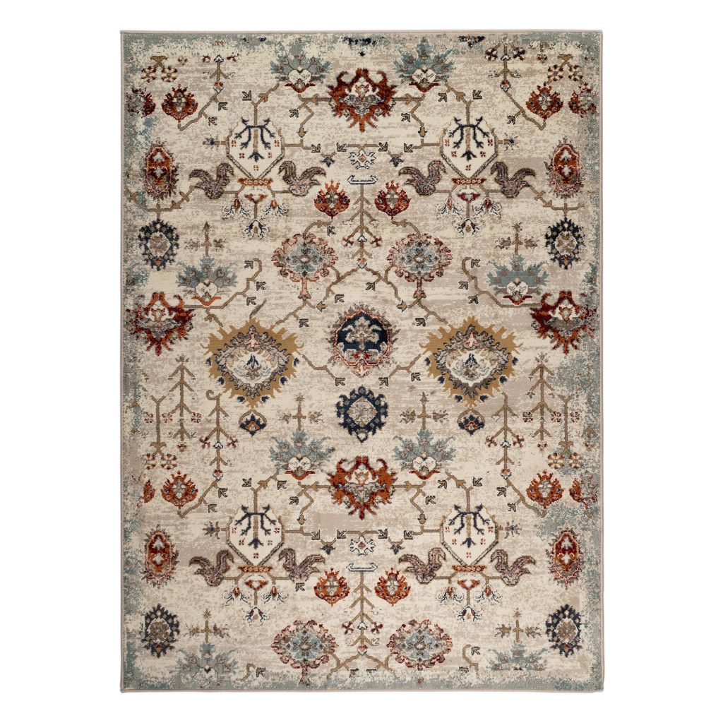 5" X 8" Beige Rust and Navy Oriental Power Loom Area Rug
