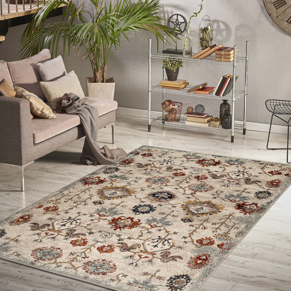 5" X 8" Beige Rust and Navy Oriental Power Loom Area Rug