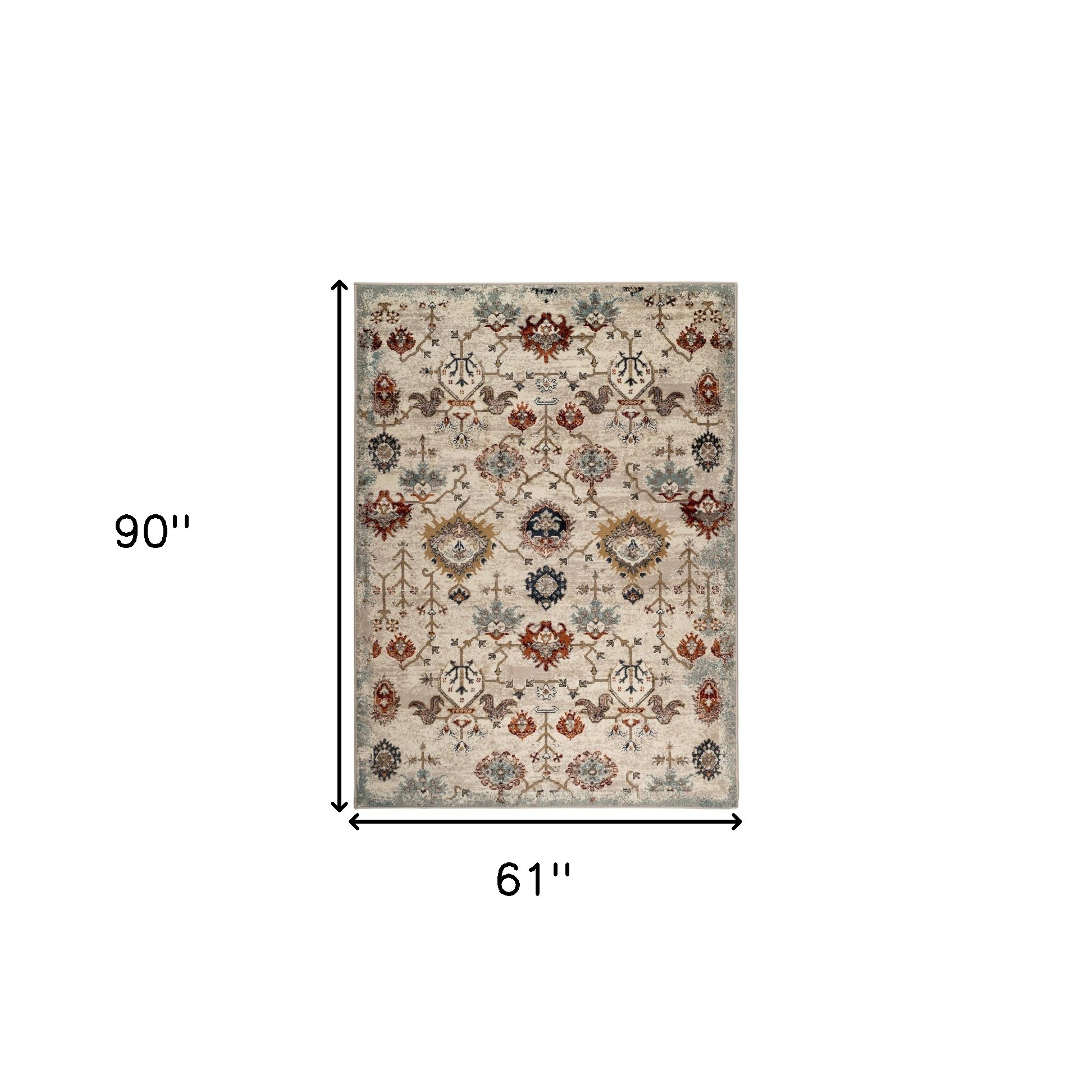 5" X 8" Beige Rust and Navy Oriental Power Loom Area Rug