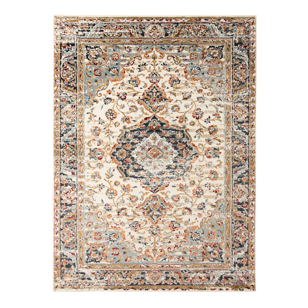 5" X 8" Ivory Navy and Orange Medallion Power Loom Area Rug