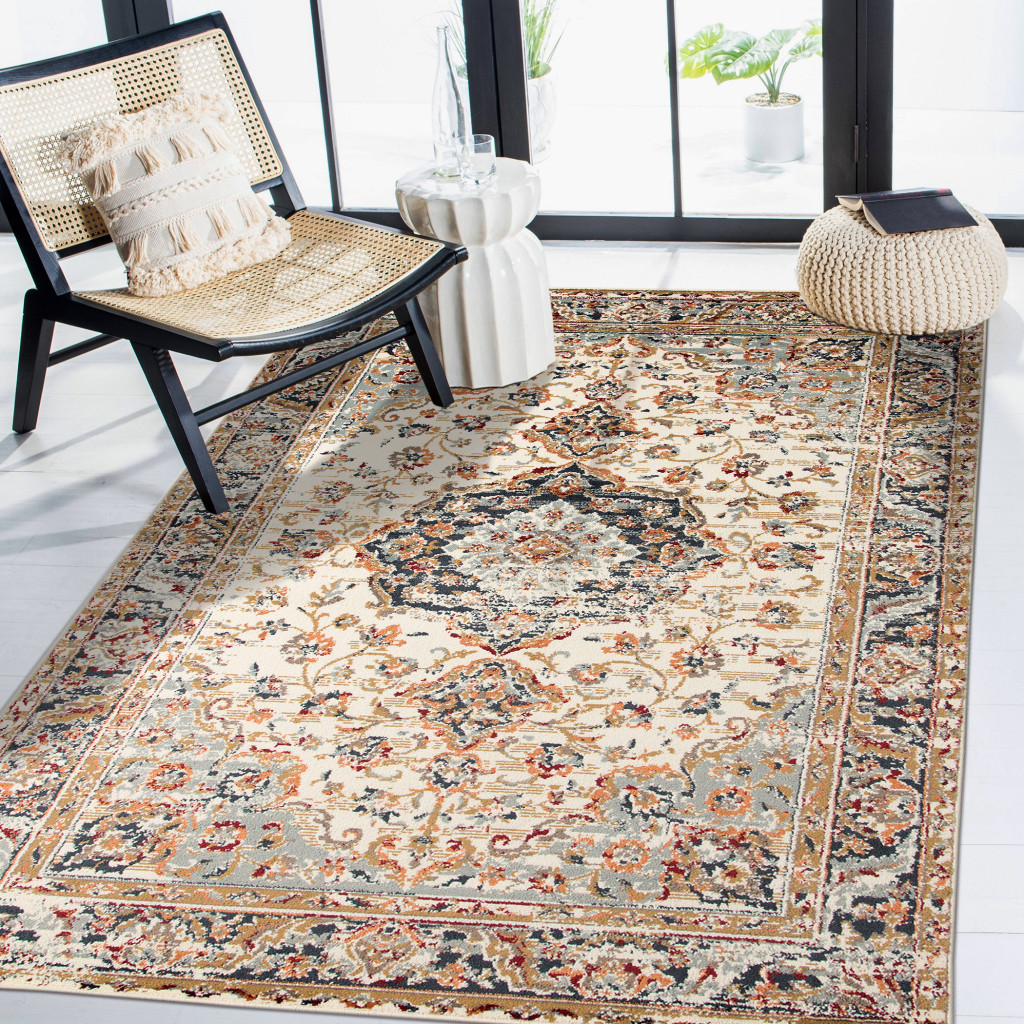 5" X 8" Ivory Navy and Orange Medallion Power Loom Area Rug