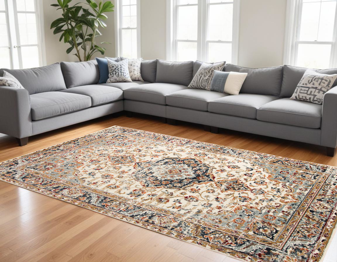 8" X 10" Ivory Navy and Orange Medallion Power Loom Area Rug