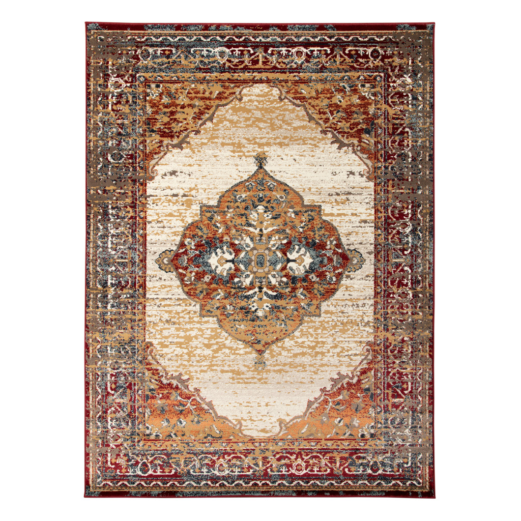 5" X 8" Ivory Red and Orange Medallion Power Loom Area Rug