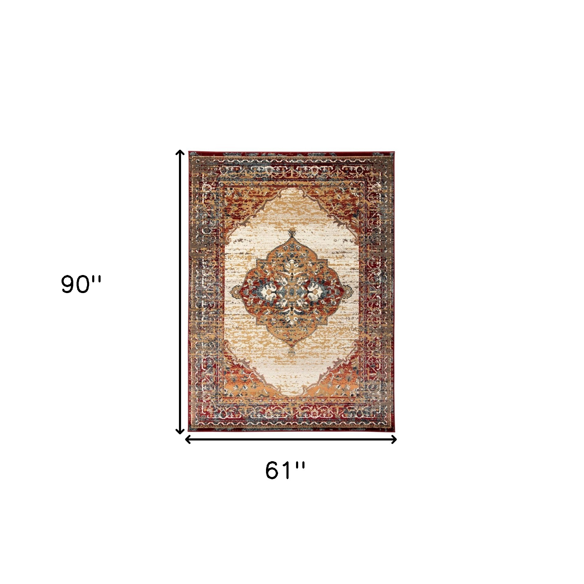 5" X 8" Ivory Red and Orange Medallion Power Loom Area Rug