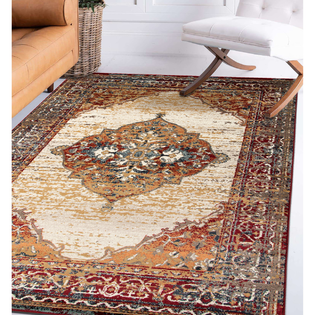 9" X 12" Ivory Red and Orange Medallion Power Loom Area Rug