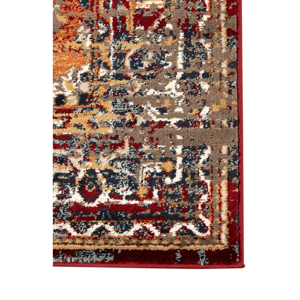 9" X 12" Ivory Red and Orange Medallion Power Loom Area Rug