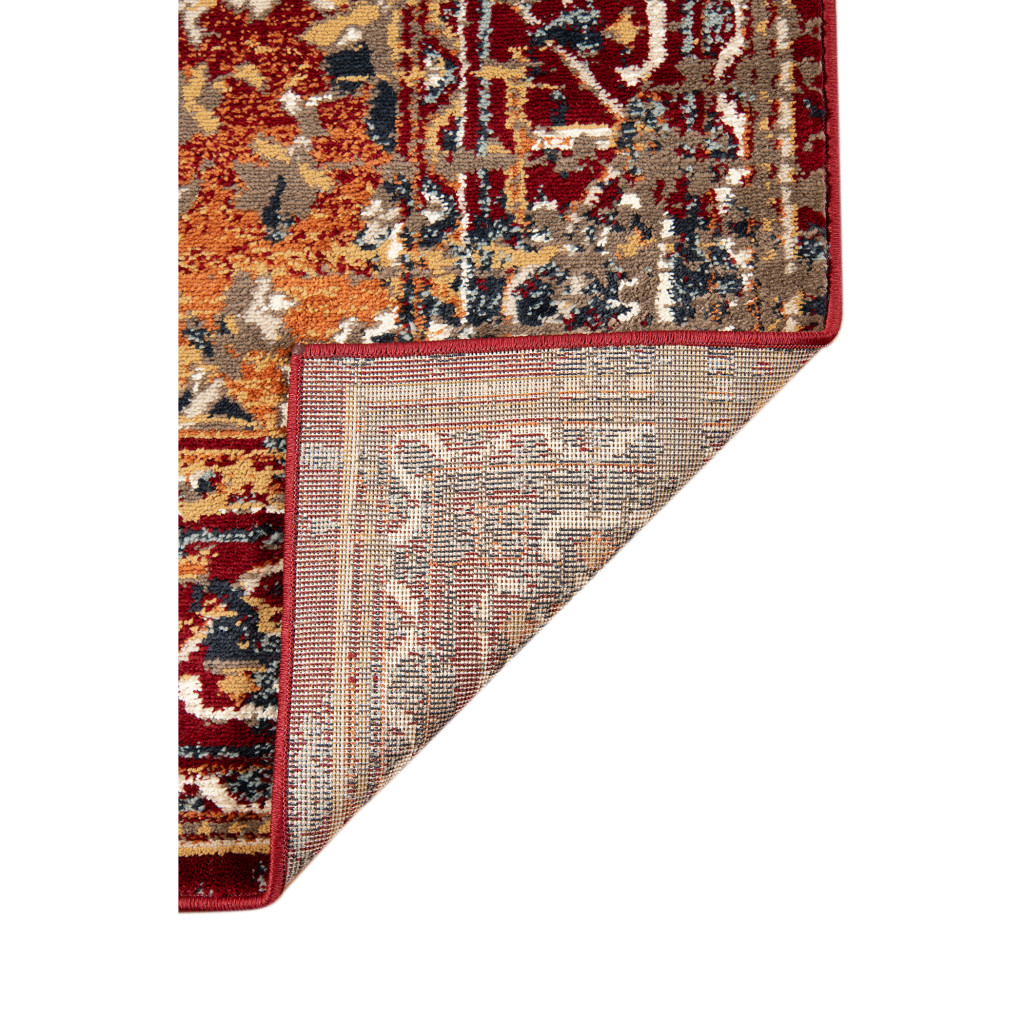 9" X 12" Ivory Red and Orange Medallion Power Loom Area Rug