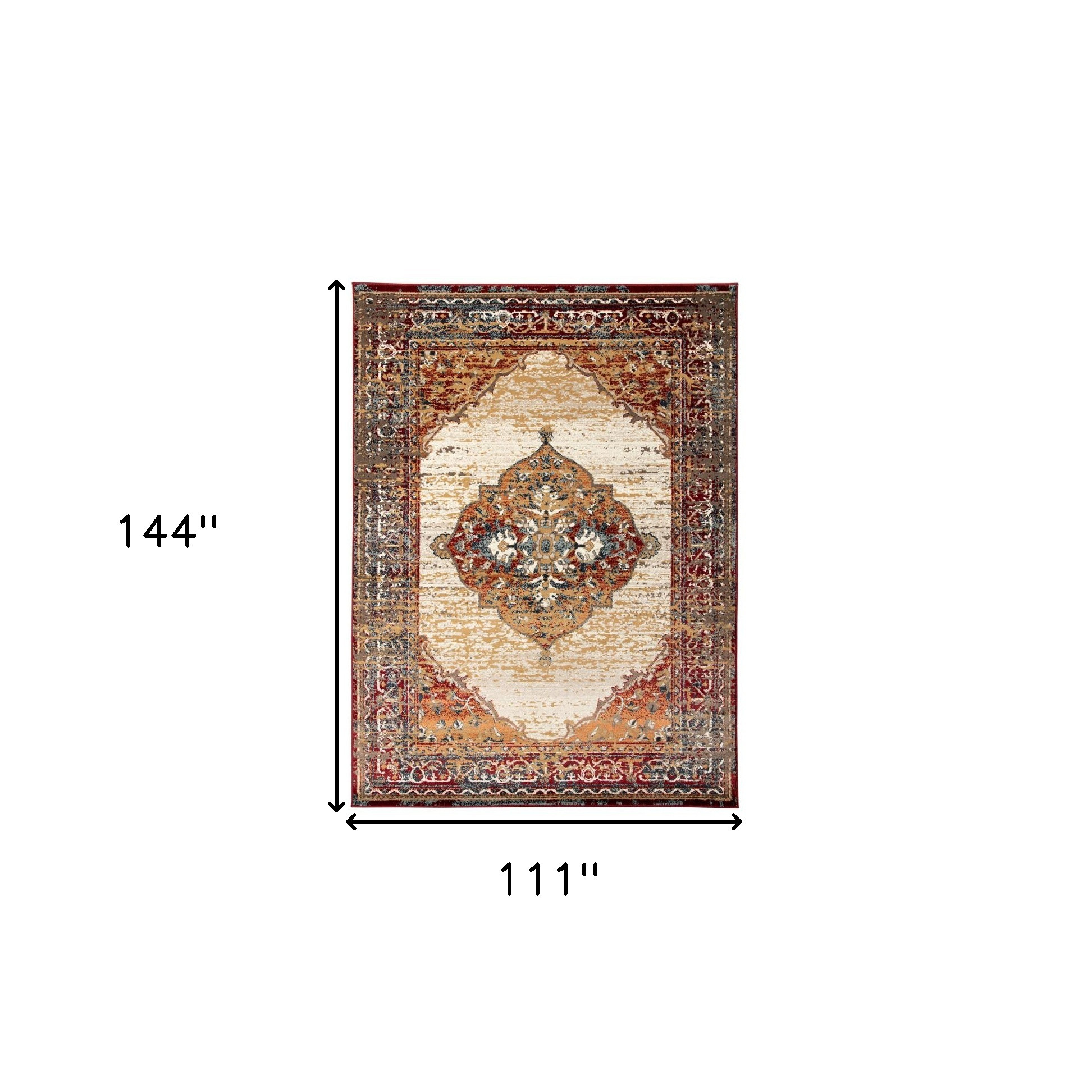 9" X 12" Ivory Red and Orange Medallion Power Loom Area Rug