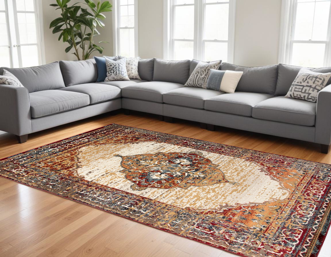 9" X 12" Ivory Red and Orange Medallion Power Loom Area Rug