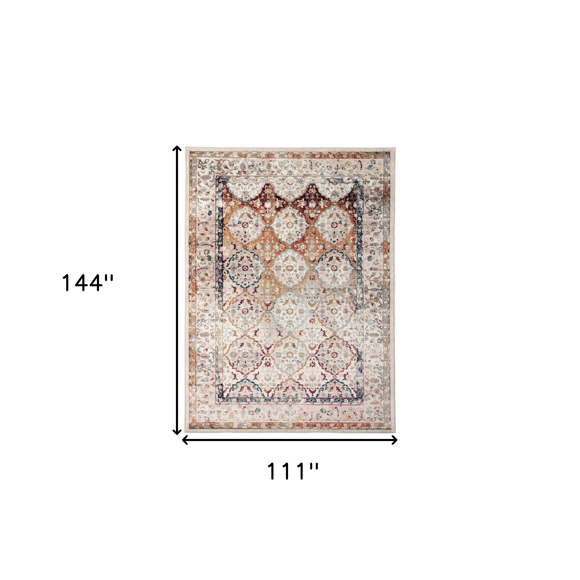 9" X 12" Beige Rust and Navy Floral Medallion Power Loom Area Rug