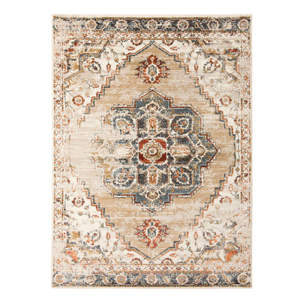 5" X 8" Ivory Tan and Gold Medallion Power Loom Area Rug
