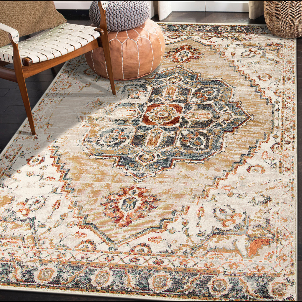 5" X 8" Ivory Tan and Gold Medallion Power Loom Area Rug