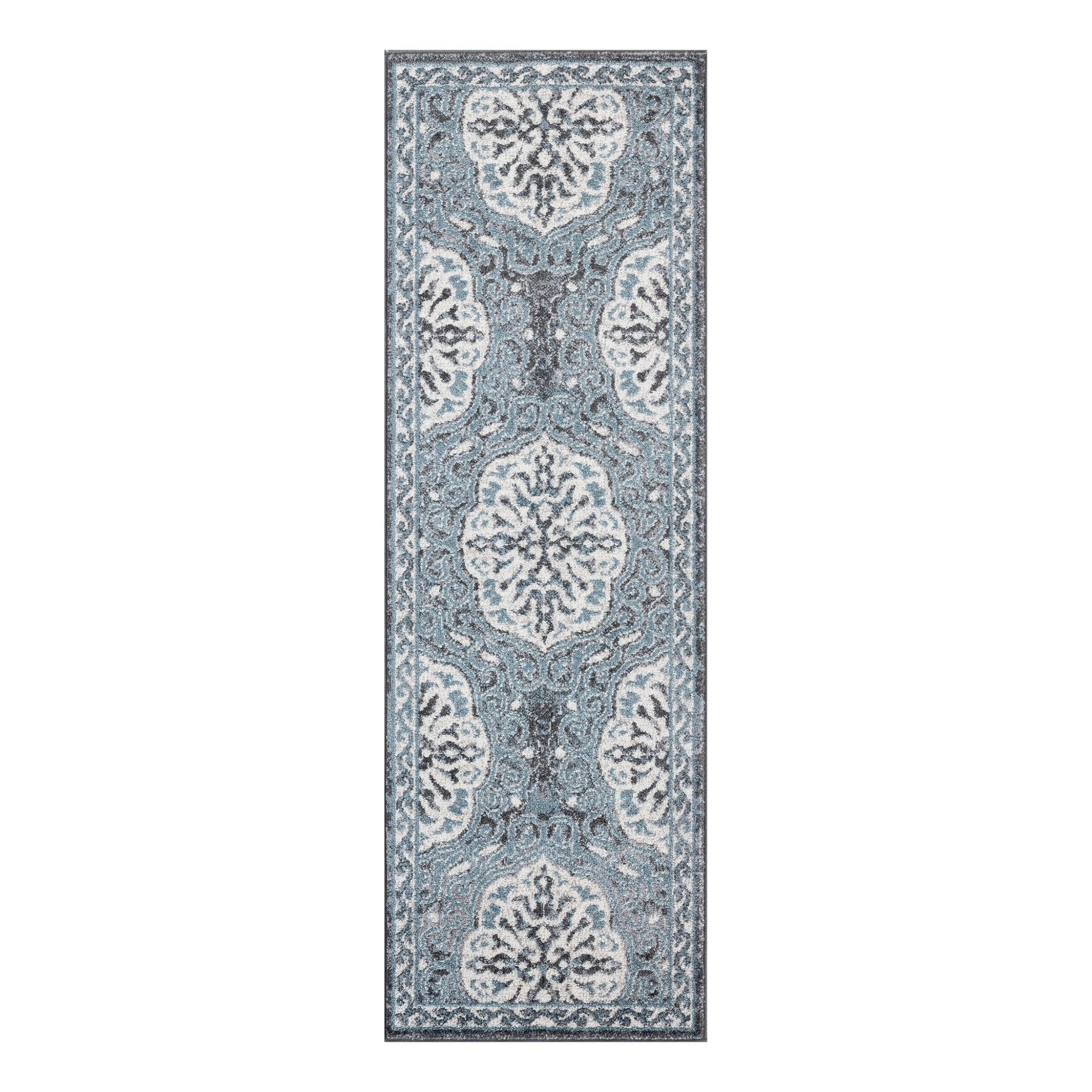 6" Charcoal and Ivory Medallion Power Loom Runner Rug